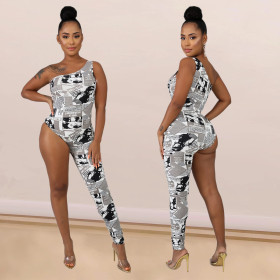 Sexy women's asymmetric newspaper printed jumpsuit SH7141