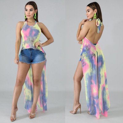 Gradient Color Backless Split Halter Neck Long Top YX9121