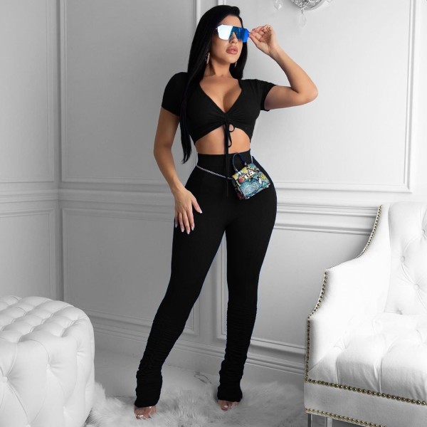 Short-sleeved personality pleated pile pile pants suit LD8683