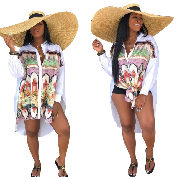 Women Casual Irregular Printing Long Sleeves Shirt Dress YZ1812