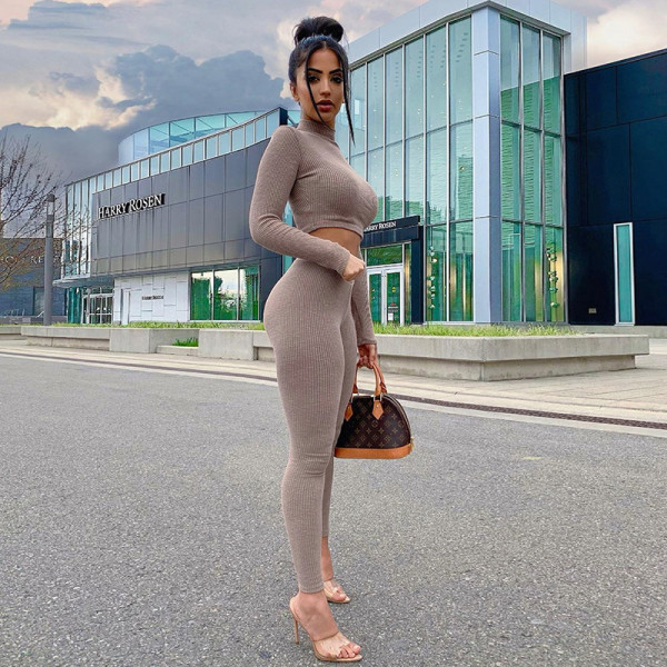 Sexy Solid Color Round Neck Long Sleeves Mini Top With Trousers Two Piece Set FLY20279P