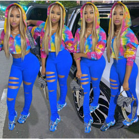 Fashion Tie Dye Zipper Long Sleeves Hooded Cropped Top With Hole Pleated Split Trousers Two Piece Se