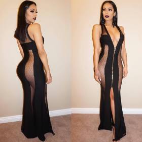 V Neck Sexy Black Mesh Maix Dress WY6257