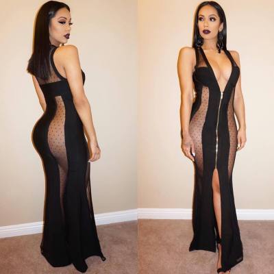 V Neck Sexy Black Mesh Maix Dress WY6257