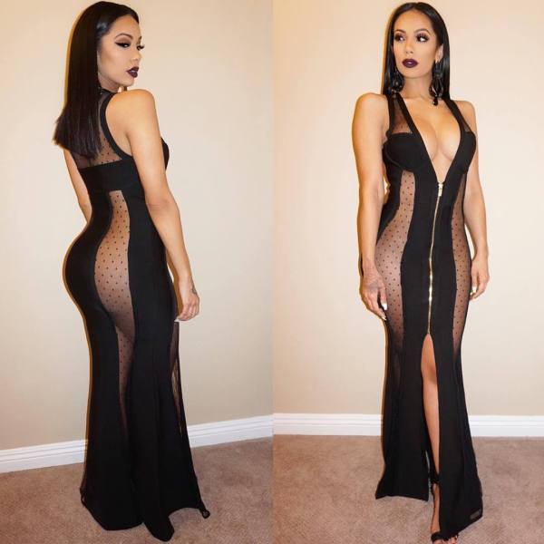 V Neck Sexy Black Mesh Maix Dress WY6257