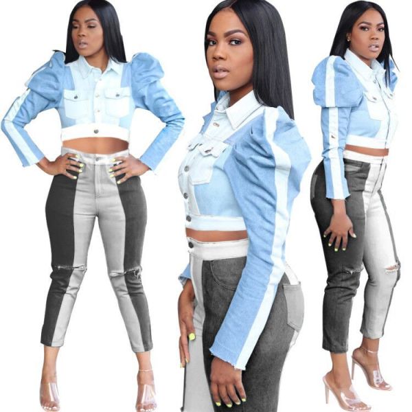 Button Down Crop Top Autumn Denim Bodycon Coat LA3148