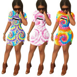 Fashion Coloring Printed Round Neck Short Sleeves Mini Dress HM5327