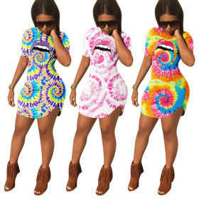 Fashion Coloring Printed Round Neck Short Sleeves Mini Dress HM5327