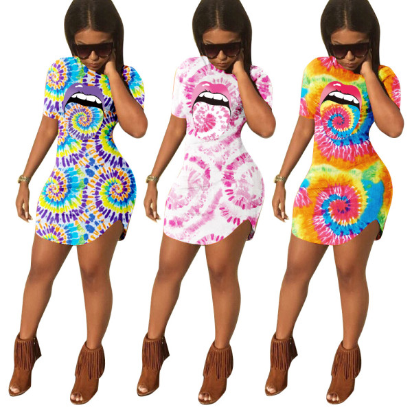 Fashion Coloring Printed Round Neck Short Sleeves Mini Dress HM5327