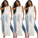 Plus Size Club Solid Color Long Tassel Sleeveless Top HY5047