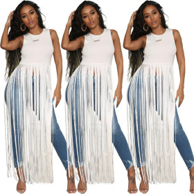 Plus Size Club Solid Color Long Tassel Sleeveless Top HY5047