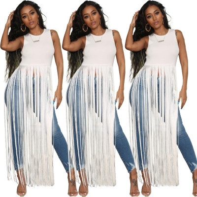 Plus Size Club Solid Color Long Tassel Sleeveless Top HY5047