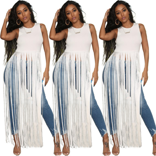 Plus Size Club Solid Color Long Tassel Sleeveless Top HY5047