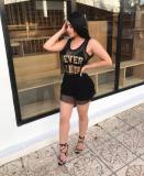 Euramerican Letters Print Mesh Tank Top Bodycon Black Shorts W8115