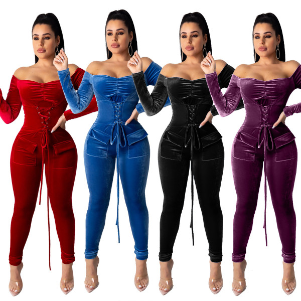 Velvet Slim Pleated Solid Color Nip-Waisted Strapless Jumpsuit QZ3297