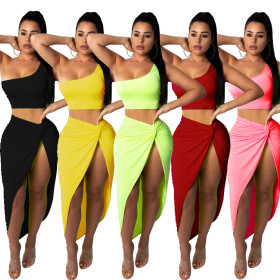 Pure Color Suits Oblique Shoulder Tank Top Pleated Midi Skirt MY9268