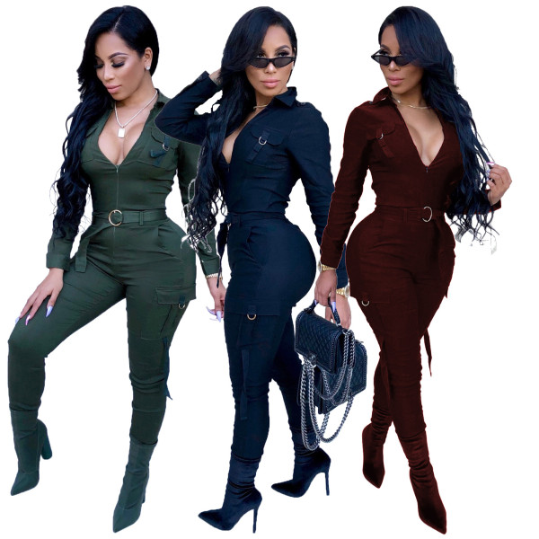 Sexy Deep V Neck Solid Jumpsuits With Belts SMR9060