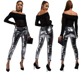 Sequins Elastic Waist Silver Slim Pants N9062
