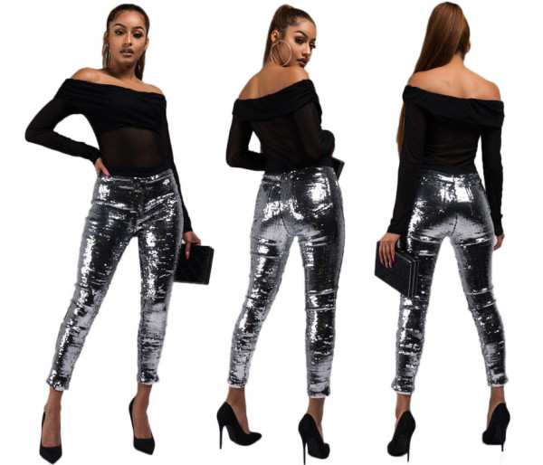 Sequins Elastic Waist Silver Slim Pants N9062