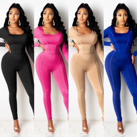 Autumn Solid Color Square Collar Long Sleeves Mini Top With Trousers Two Pieces Sets CYF3688