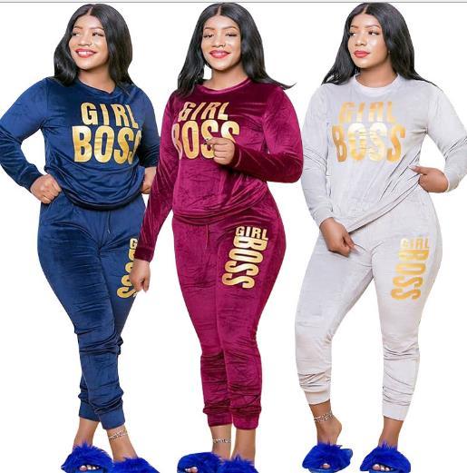 Velvet letter printing fashion casual two-piece plus size womens suit OSS20865