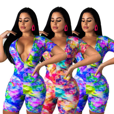 Wholesale Price Printing Bodycon Deep V Collar Jumpsuit ZH5092