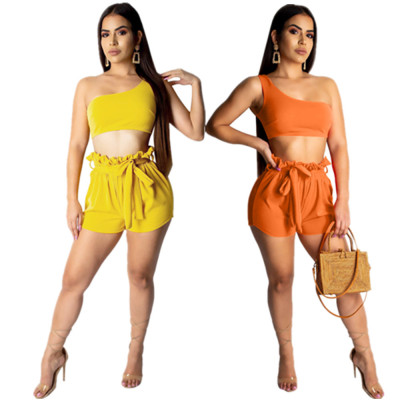 Pure Color Bodycon Suits Oblique Shoulder Top Elastic Shorts DN8195