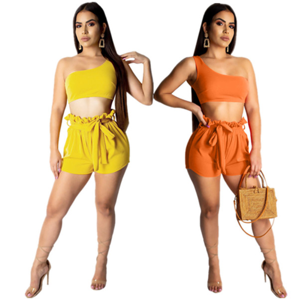 Pure Color Bodycon Suits Oblique Shoulder Top Elastic Shorts DN8195