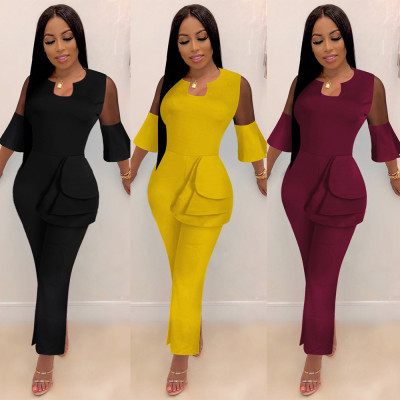 Elegant Ruffle Solid Color 3/4 Sleeves Ladies Irregular Jumpsuit KF72