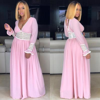 Pink Women V Collar Ruffle Sleeves Long Dress F8203
