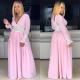 Pink Women V Collar Ruffle Sleeves Long Dress F8203