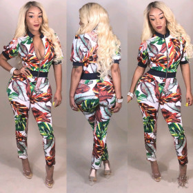 Stylish Tree Printing High Waist Tight Jumpsuit With Zipper YT3060
