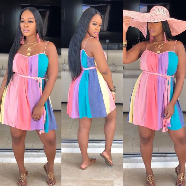 Multicolor Stripe Belted Loose Spaghetti Strap Dress HM5235