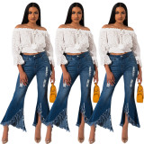 Mature Women Slit Acid?Washes Mid Waist Flare Jeans JLX8918