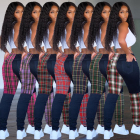 Fashion Contrast Plaid Printed Bodycon Trousers KSN8029