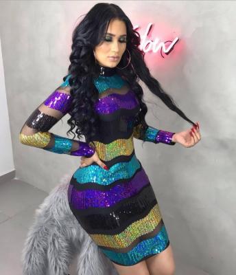 Sexy Mesh Striped Sequin Bodycon Dress BS-1020