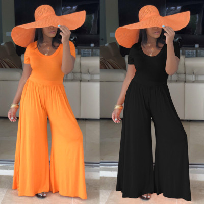 Solid Color Women Orange/Black Loose Wide Leg Jumpsuit K8787