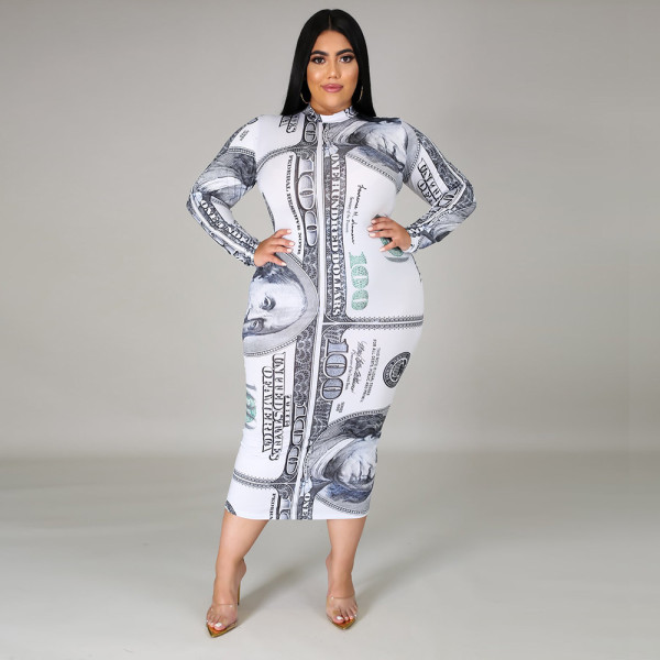 Fashion Dollar Printed Round Neck Long Sleeves Bodycon Midi Dress ONY5058