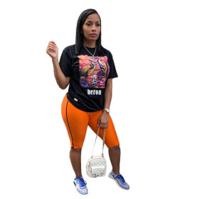 Printing T-Shirt Orange Midi Shorts Reasonable Price Casual Sets ARM8116