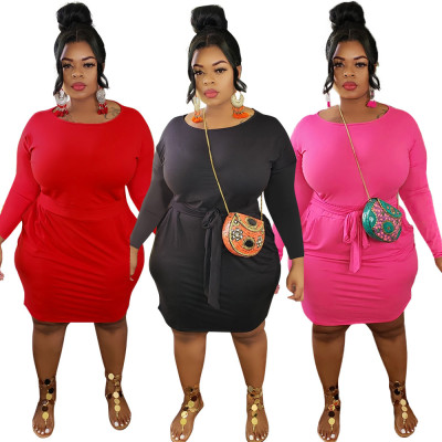 Plus size women's solid color lace long sleeve dress MA6591