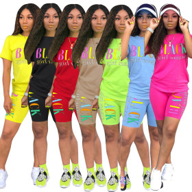Casual Letter Printed Round Neck Short Sleeves Two-Piece Sets HM524903