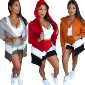 Hot Sale Color Matching Hood Long-Sleeved Jacket Shorts Three-Piece MA6265