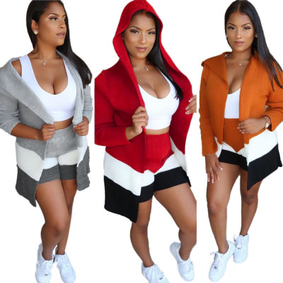 Hot Sale Color Matching Hood Long-Sleeved Jacket Shorts Three-Piece MA6265