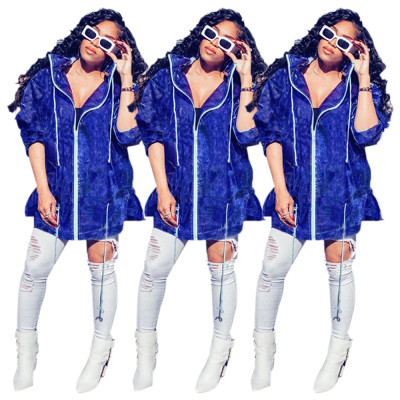 Street Style Zipper Half Sleeves Hooded Women Coat MA6242