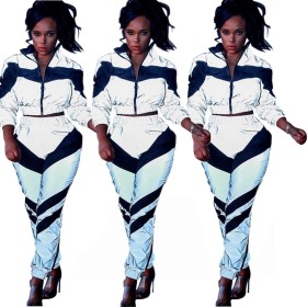 Contrast Color Hot Outfits Stand Collar Coat Elastic Pants E8174