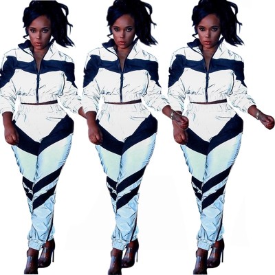 Contrast Color Hot Outfits Stand Collar Coat Elastic Pants E8174