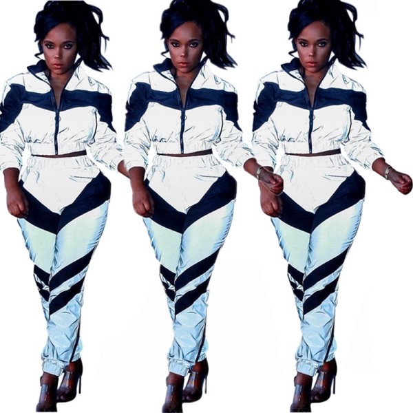 Contrast Color Hot Outfits Stand Collar Coat Elastic Pants E8174