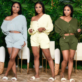 V-neck pullover sweater lace-up shorts two-piece suit MA6589