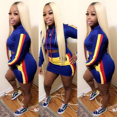 Hooded T-Shirt Bodycon Skirt Color Patchwork 2 Pieces Suits YT3061