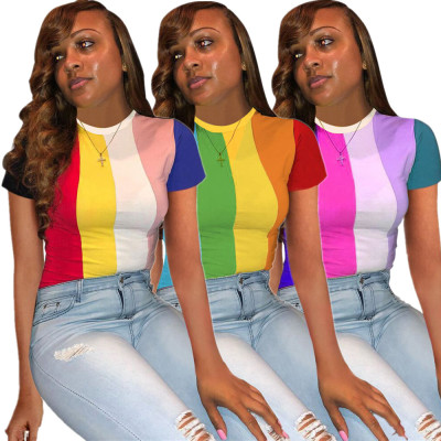 Fashion Color Block Round Neck Women T Shirt YT3100